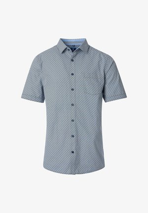 Kurzarmhemd in Hellblau mit navyblauem geometrischen Muster, Knopfleiste vorne, Kragen und einer einzigen Brusttasche. Strapazierfähige Stoffstruktur.