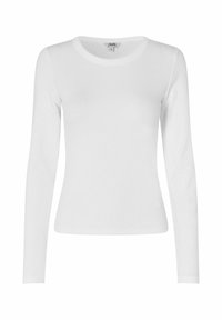 Long-sleeve white stretchy top with a round neckline, smooth texture, fitted design, and ribbed detailing along sleeves and hem.