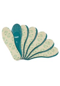 Insoles featuring a beige base with green botanical patterns and a textured teal accent around the edges, arranged in a fan shape.