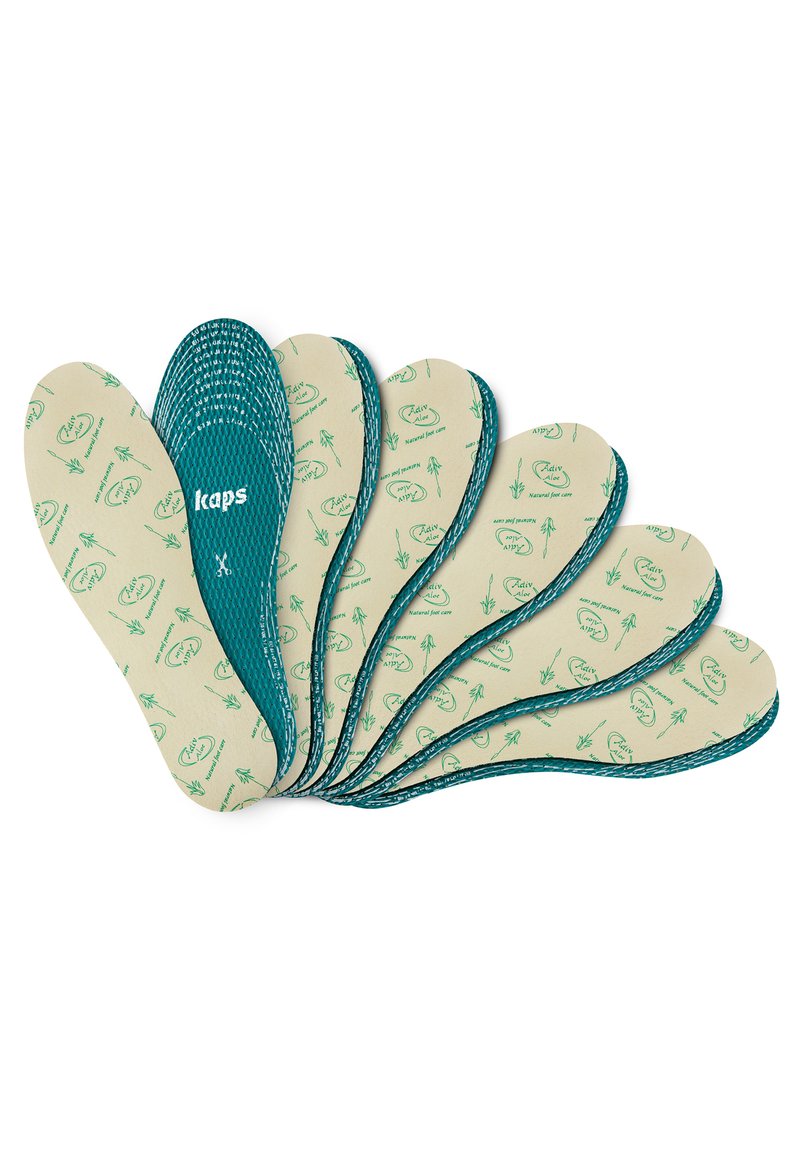 Insoles featuring a beige base with green botanical patterns and a textured teal accent around the edges, arranged in a fan shape.