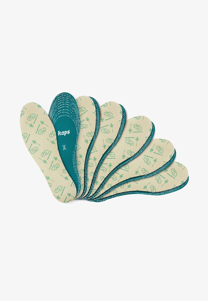 Inlegzolen met een beige basis en groene botanische patronen, met een getextureerde teal accent rondom de randen, gerangschikt in een waaierformaat.
