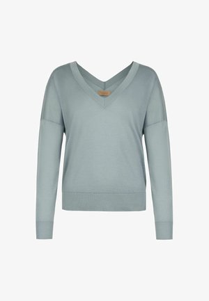 Hellblauer Langarm-V-Ausschnitt-Pullover mit gerippten Bündchen und Saum, auf einem weißen Hintergrund flach liegend dargestellt.