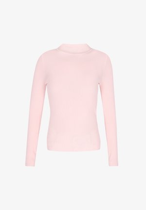 Top de cuello alto de manga larga acanalado en rosa suave, hecho de un tejido elástico. Presenta una forma ajustada y una textura sutil en toda su superficie.
