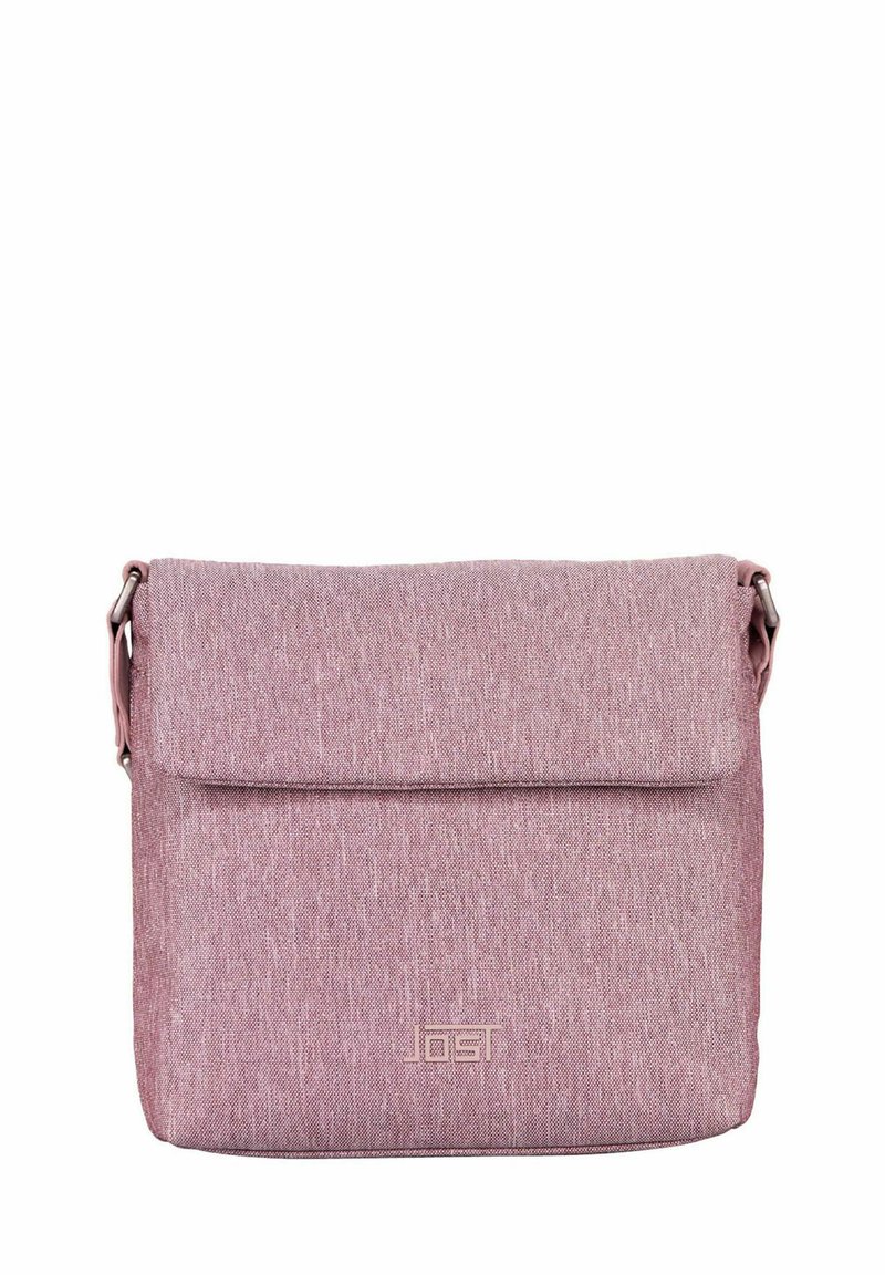 Pink fabric crossbody bag with a smooth texture, a flap closure, and an embossed logo on the front. Adjustable strap included.