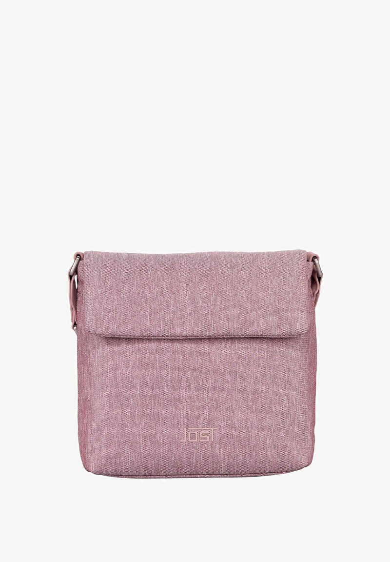 Rosa Umhängetasche aus Stoff mit glatter Oberfläche, Klappverschluss und geprägtem Logo auf der Vorderseite. Verstellbarer Riemen inklusive.