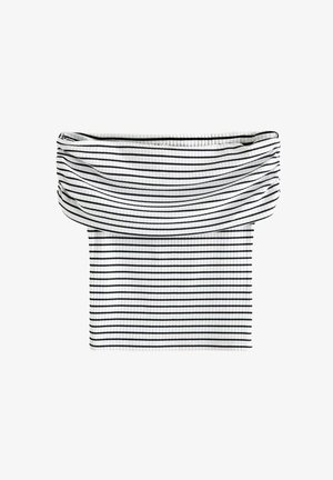 Off-the-shoulder top met horizontale zwart-witte strepen. Gemaakt van geribbeld materiaal, met een geplooid ontwerp bij de halslijn.