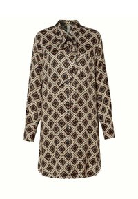 Langärmliges Hemdblusenkleid mit beigem, schwarzem und braunem geometrischem Rautenmuster und einer gebundenen Schleife am Kragen.