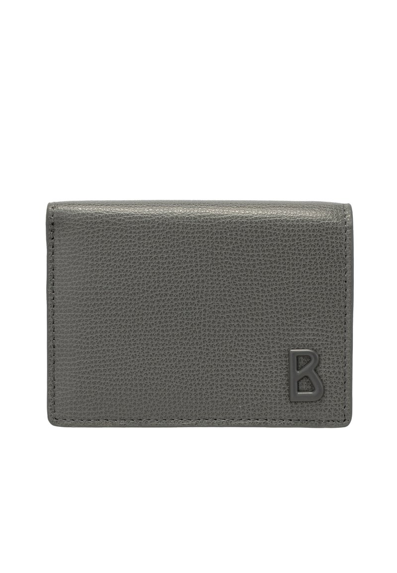 Sivo teksturiran usnjen denarnica z izšivanimi robovi, prepognjena zasnova in izbočen črn logotip črke B v spodnjem desnem kotu.