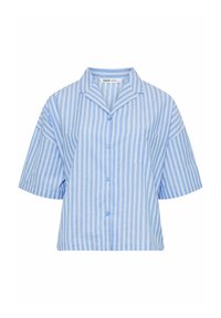Kortärmad skjorta med knappar i ljusblått med vita vertikala ränder. Har en bröstficka och en avslappnad passform. Tillverkad av lätt material.