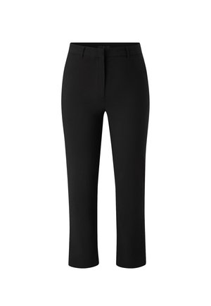 Zwarte croppedbroek met een rechte snit, voorzien van een platte voorkant, riemlussen en subtiele textuur. Ontworpen voor een getailleerde pasvorm.