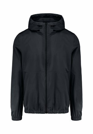 Zwarte jas met capuchon, voorrits, elastische manchetten en elastische tailleband, ontworpen voor lichte weerbescherming.