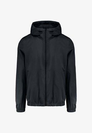 Zwarte jas met capuchon, voorrits, elastische manchetten en elastische tailleband, ontworpen voor lichte weerbescherming.