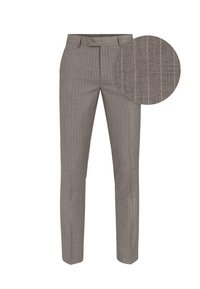 Szare spodnie w prążki o tapered fit, z zapięciem na guzik i teksturowanym materiałem, wyeksponowane obok zbliżenia na tkaninę.