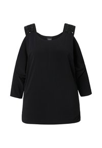 Schwarzes Kurzarmshirt mit weitem Ausschnitt und dekorativen Perlenakzenten an den Schultern. Hergestellt aus einem glatten, dehnbaren Stoff.
