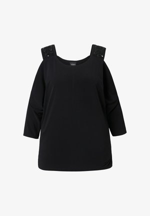 Schwarzes Kurzarmshirt mit weitem Ausschnitt und dekorativen Perlenakzenten an den Schultern. Hergestellt aus einem glatten, dehnbaren Stoff.