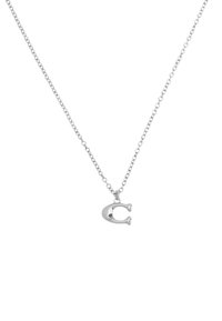 Silver chain necklace featuring a stylized “C” pendant with a smooth, polished finish. The chain has small, linked segments.