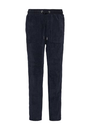 Navyblaue Sweatpants aus weichem Textil, mit elastischem Bund und verstellbarem Kordelzug sowie zwei vorderen Taschen.