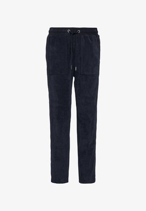Navyblaue Sweatpants aus weichem Textil, mit elastischem Bund und verstellbarem Kordelzug sowie zwei vorderen Taschen.
