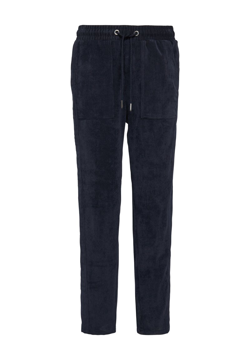 Pantalons de jogging bleu marine en tissu doux et texturé, dotés d'une taille élastique avec cordon de serrage et de deux poches avant.