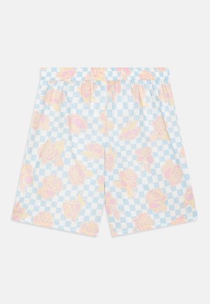 Pantalones cortos de cuadros en azul claro con patrones de rosas rosas. Cintura elástica para mayor comodidad. Hechos de tela suave y transpirable.