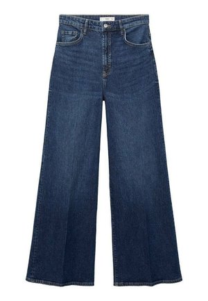 High-waisted, dark blue wide-leg denim jeans with front button, zipper, and five-pocket design.