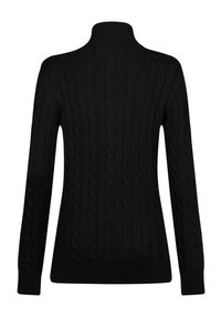 Maglione nero a maglia con colletto alto, caratterizzato da un motivo a treccia testurizzato e polsini a costine. La vista posteriore mostra maniche lunghe e design aderente.