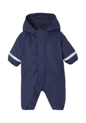 Navy blue children's snowsuit with a hood, elastic cuffs, and reflective white stripes. Soft interior lining and front zip closure.