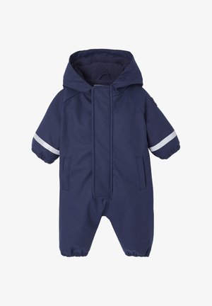 Navy blue children's snowsuit with a hood, elastic cuffs, and reflective white stripes. Soft interior lining and front zip closure.