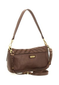 Borsa a spalla in pelle marrone con hardware dorato, una tracolla staccabile e una piccola placca rettangolare del marchio sul davanti.