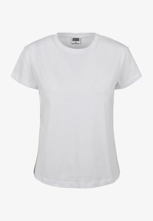 Hvid bomulds T-shirt med klassisk rund halsudskæring, korte ærmer og lige kant. Har et mærke med "URBAN CLASSICS" i sort.