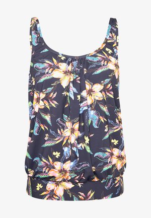 Blumen-Tanktop mit dunklem Marinehintergrund, das lebendige, mehrfarbige Blumen und Blätter zeigt, mit elastischem Saum und plissierten Details.