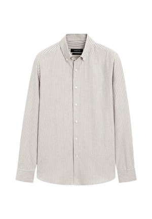 Camicia grigio chiaro con sottili righe verticali in tonalità più scure, maniche lunghe e colletto classico. Chiusura frontale standard con bottoni.