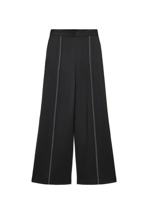 Pantaloni neri a gamba larga con vita alta e dettagli di cucitura verticale bianca sul davanti, presentati su sfondo bianco.