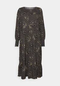 Schwarzes Midikleid mit beigen Blumen- und Punktmustern, langen Puffärmeln, rüschelnähten an den Manschetten und gerafftem Ausschnitt.