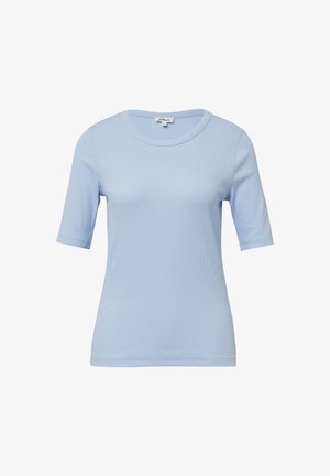 Blauw kortekorte mouwtop van gladde stof; heeft een ronde halslijn en een getailleerde silhouet met een ribbelstructuur.