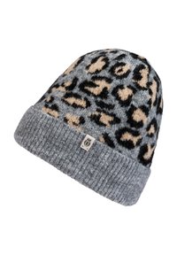 Knitted beanie featuring a gray base with a black and beige leopard print pattern. Ribbed gray cuff and small branded tag on the side.