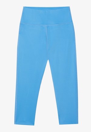 Blå stretchleggings med hög midja, slät textur, ankellång klippning och subtila sömmar längs sidorna.
