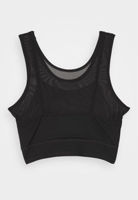Brassière de sport noire avec larges bretelles et panneaux en mesh à l'avant et à l'arrière, conçue pour les activités sportives et le confort.
