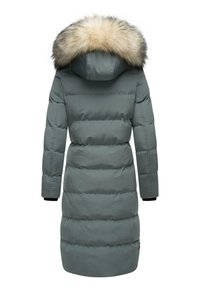 Pehmea parka jope tuhmades teal toonides, faux karusnahk kapuutsiga, pika disainiga, õmmeldud horisontaalsete paneelidega ja musta äärisega varrukatel.