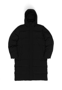 Schwarze gepolsterte Parka mit Kapuze, gerader Schnitt, Reißverschluss und zwei Seitentaschen. Das Außenmaterial ist glatt mit matter Oberfläche.