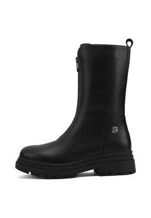 Stivaletti neri in pelle con finitura liscia, zip laterale, suola in gomma rialzata e piccolo logo accento sul tallone.