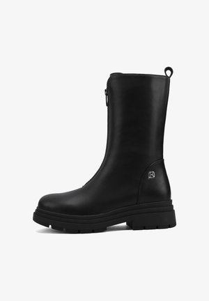 Stivaletti neri in pelle con finitura liscia, zip laterale, suola in gomma rialzata e piccolo logo accento sul tallone.