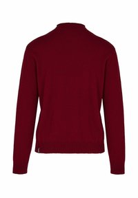 Maglione lungo a maniche lunghe di un rosso scuro con polsini, orlo e colletto a costine, mostrato di spalle su uno sfondo bianco.