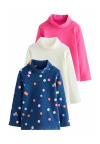 Tre långärmade turtleneck-tröjor staplade: rosa, vit och marinblå med flerfärgade prickar på en vit bakgrund.
