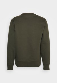 Felpa verde oliva con collo tondo, maniche lunghe e polsini a costine. Realizzata in tessuto liscio; presenta un design semplice e privo di decorazioni.