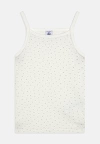 Top de alças finas branco, com um padrão de corações verdes espalhados. Feito de tecido macio com uma textura suave e uma bainha delicada.