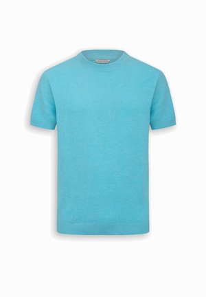Maglione a maniche corte di colore azzurro chiaro, lavorato a maglia, con scollo rotondo e polsini e orlo a coste, esposto su sfondo bianco.