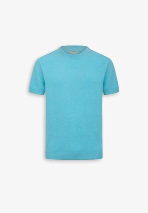 Jasnoniebieski krótki sweter dzianinowy z okrągłym dekoltem oraz ściągaczami na rękawach i u dołu, prezentowany na białym tle.