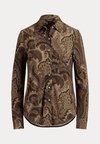 Košulja dugih rukava izrađena od mekanog materijala, s smešnim paisley uzorkom na bež pozadini i prednjim dugmadi sa zaobljenim rubovima.