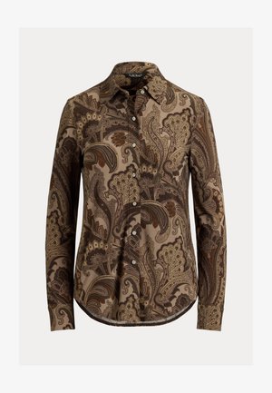 Cămașă cu mânecă lungă dintr-un material moale, având un model paisley maro pe un fundal bej și un închidere cu butoni, cu margini rotunjite.